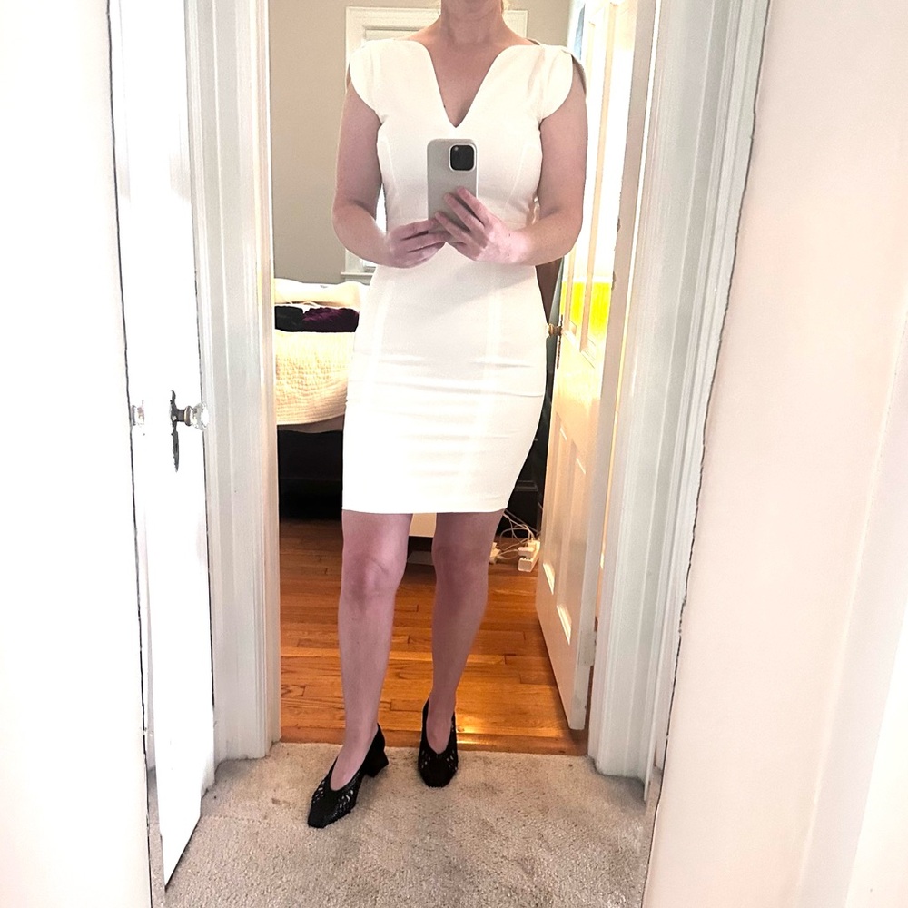 French Connection Cotton Blend Midi Dress in white, cap sleeves, ivory